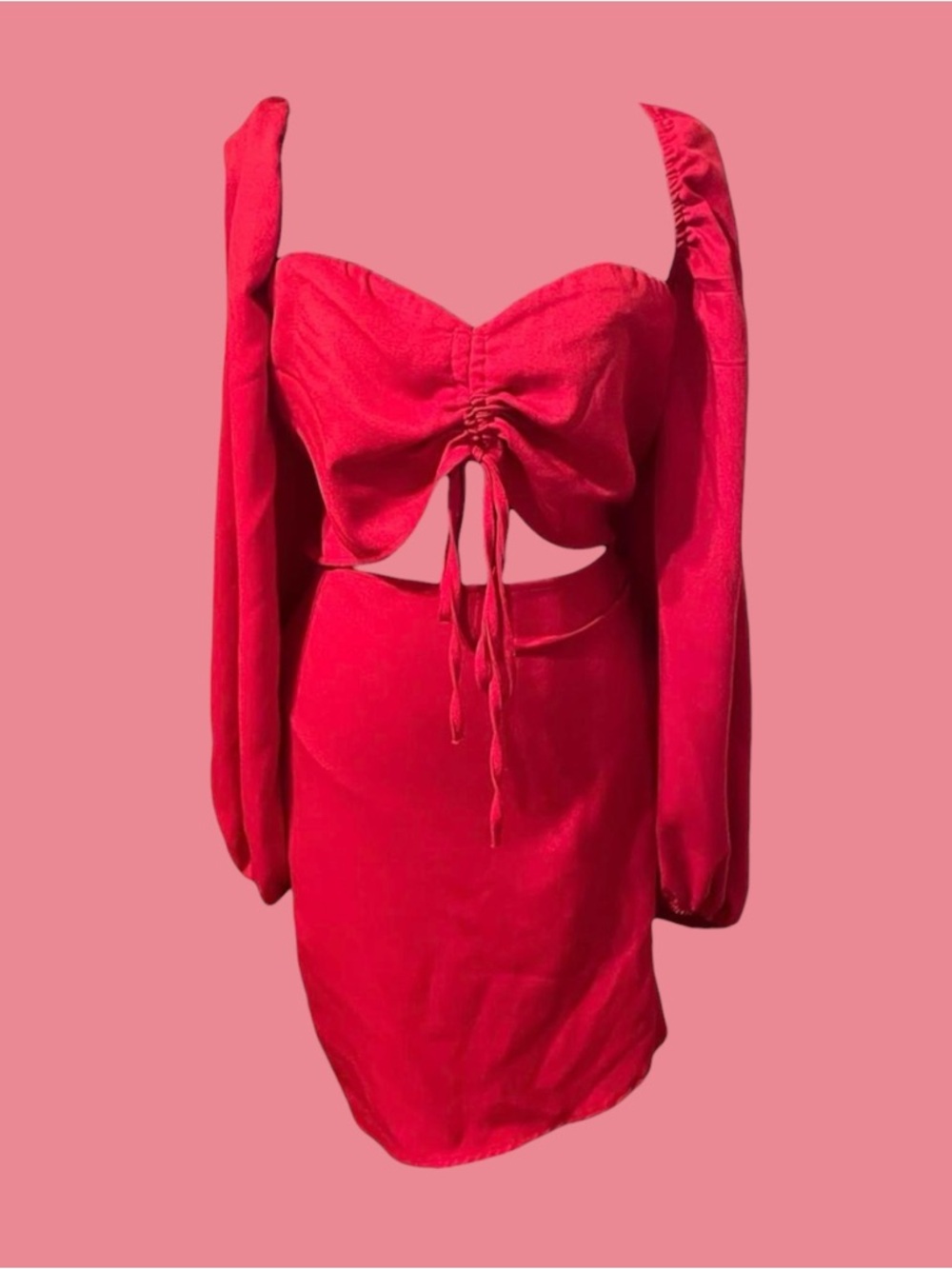 Prettylittlething Red Cutout Mini Dress Size 26 Plus Puff Sleeve Tie Waist